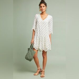 Anthropologie White Floral Dress with Eyelet Hem